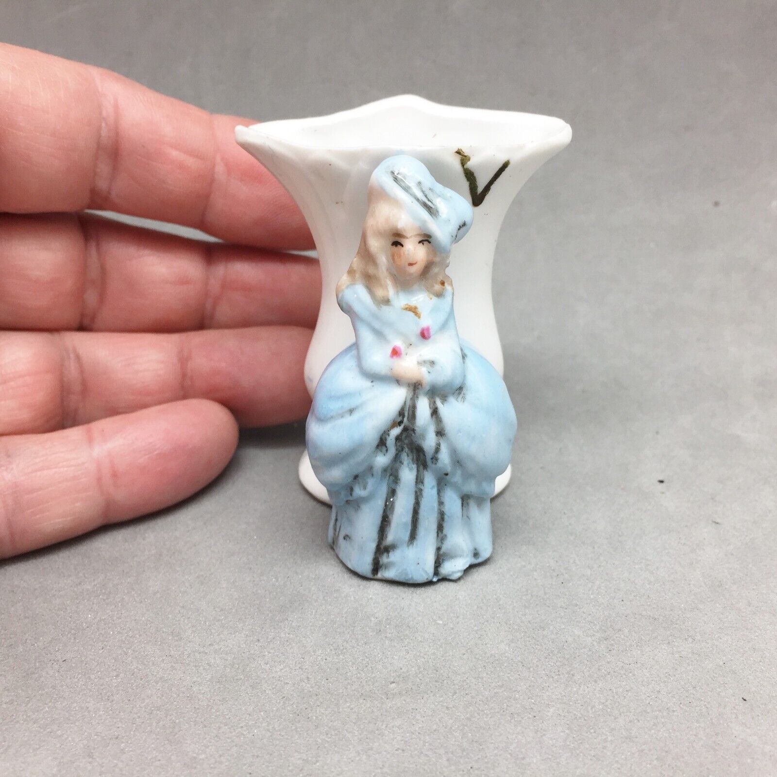 German Porcelain Toothpick Holder Miniature Vase Blue Lady