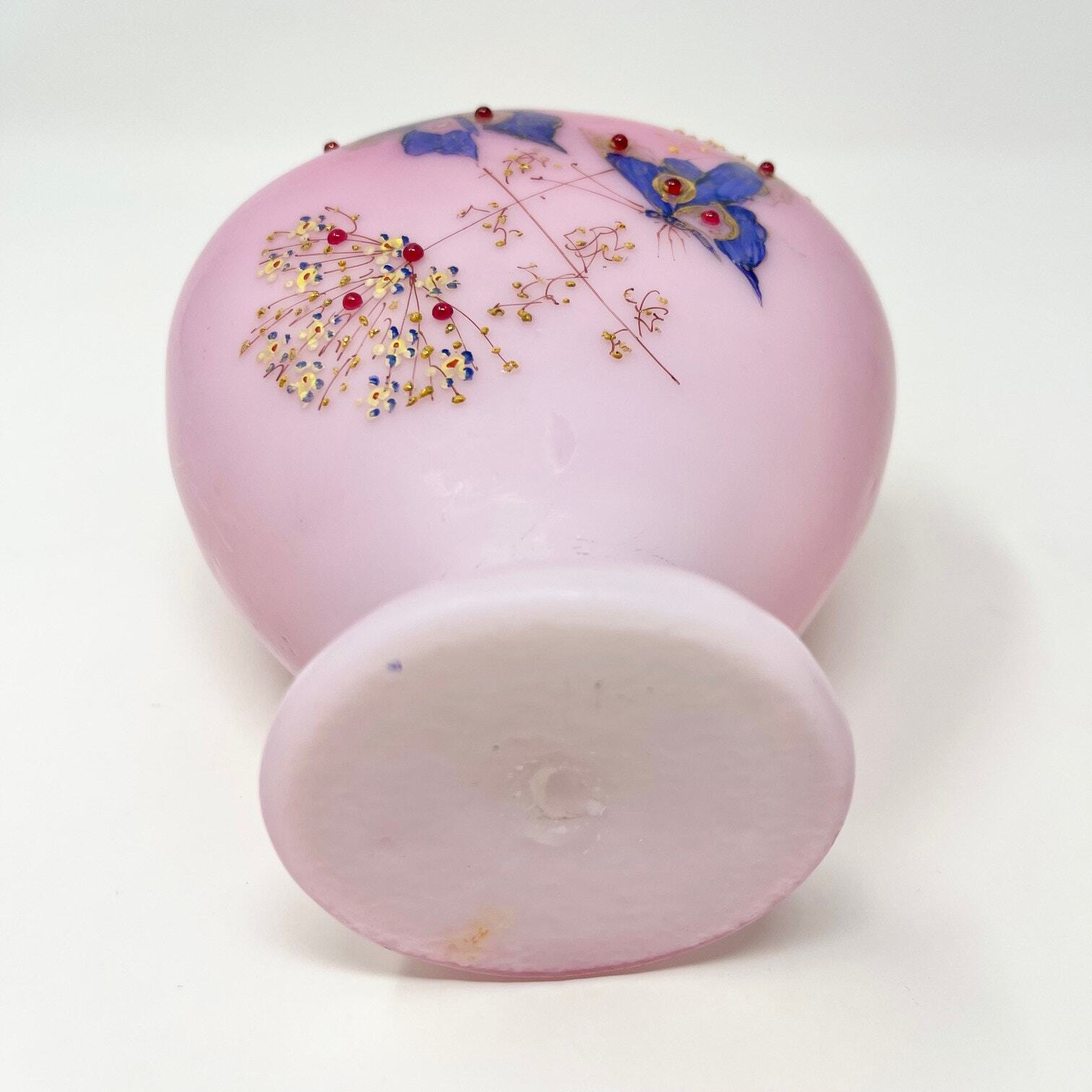 Victorian pink peach blow glass vase butterfly floral