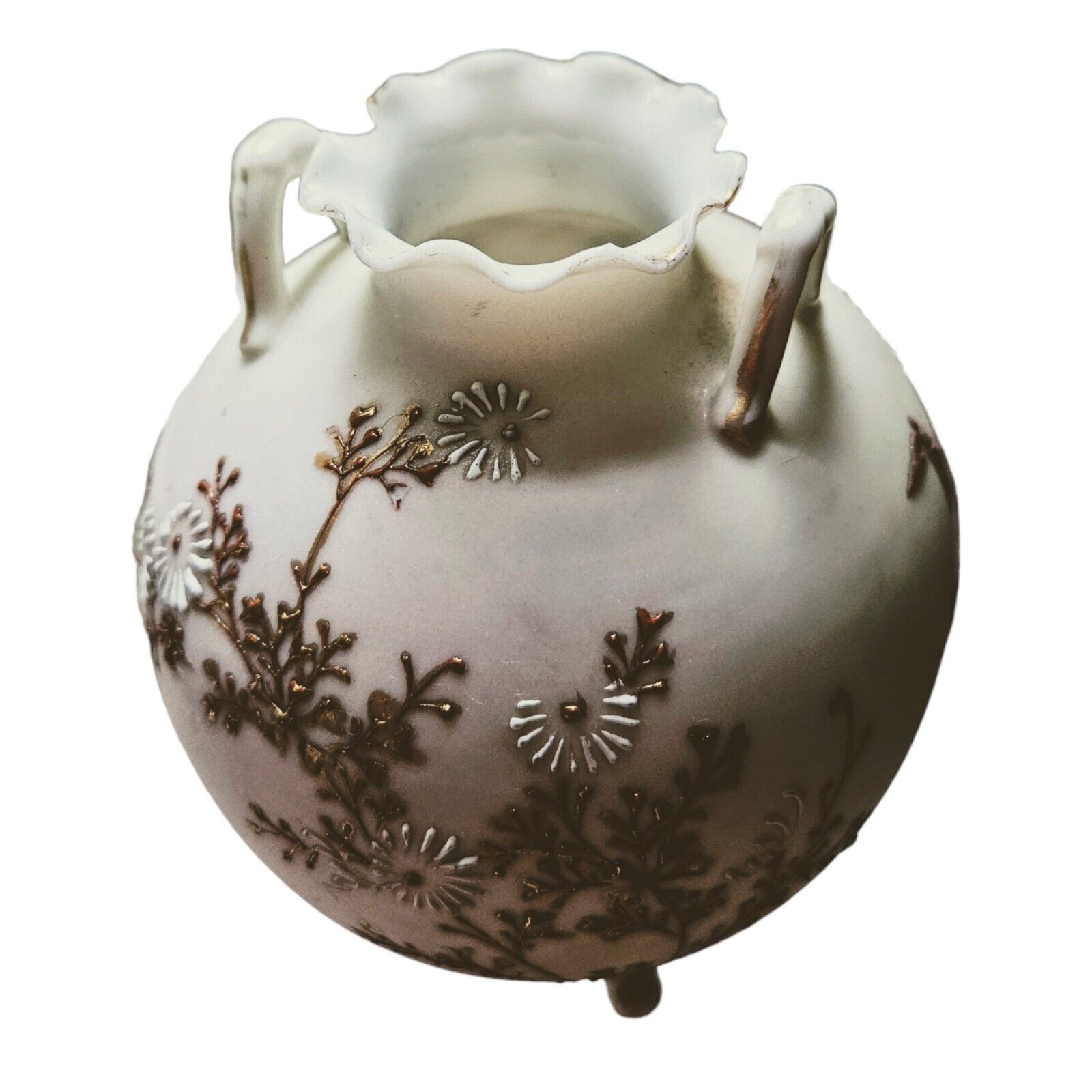 Enameled Satin Glass Antique Vase, 1800's Heavy Gold