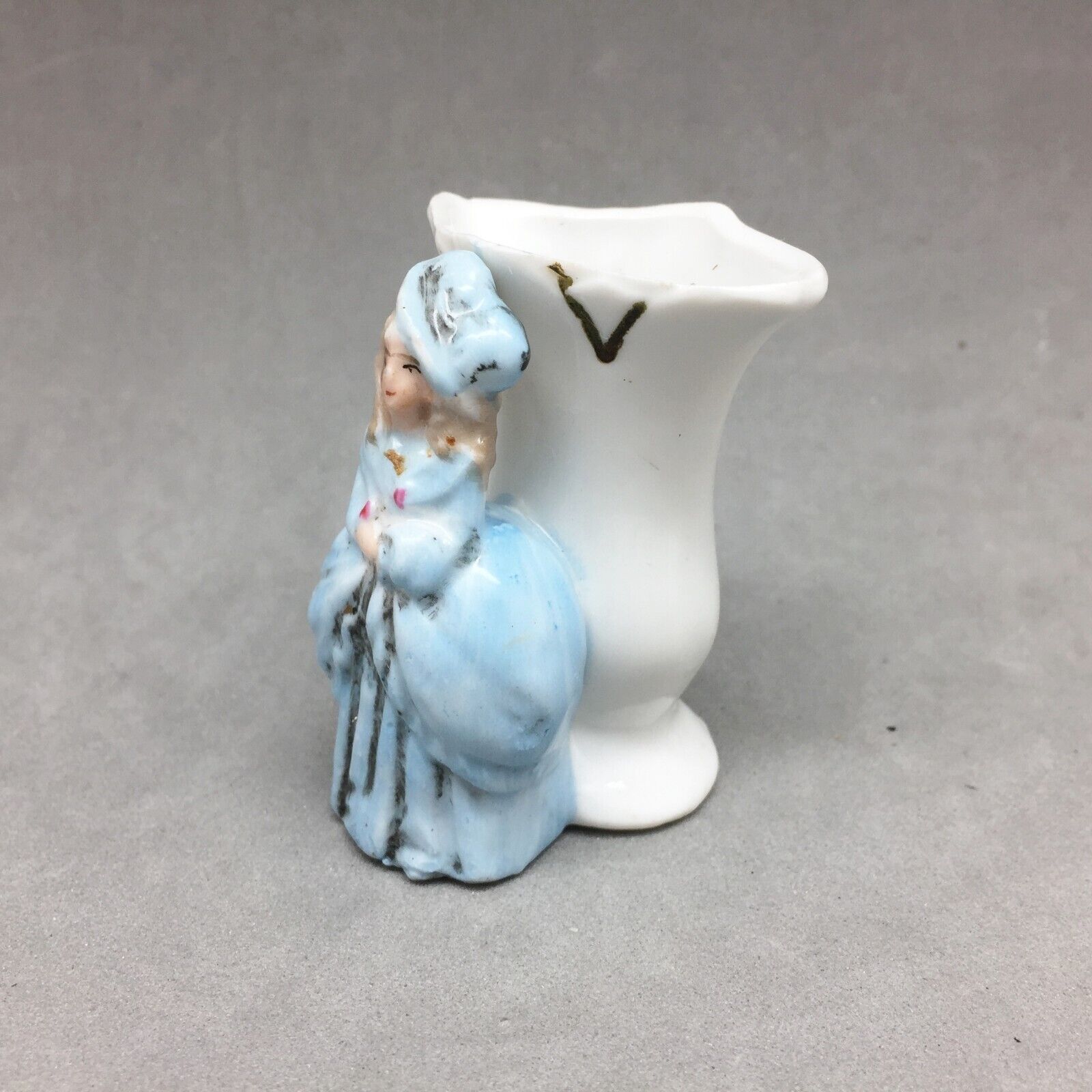 German Porcelain Toothpick Holder Miniature Vase Blue Lady