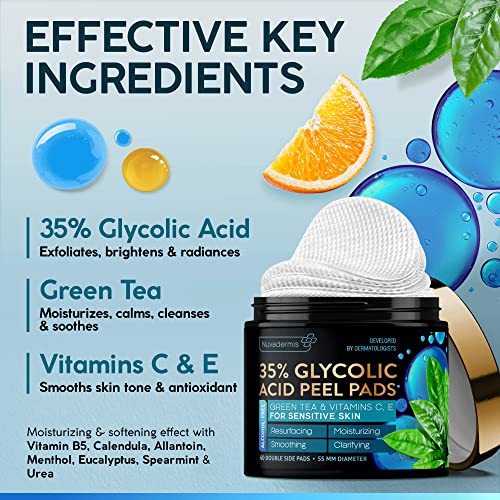 NUVADERMIS 35% Glycolic Acid Exfoliating Facial Peel Pads