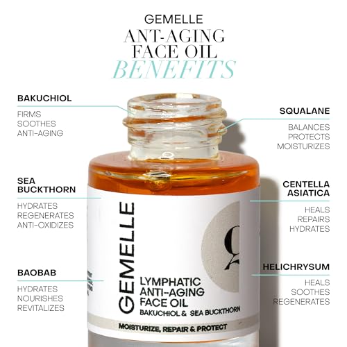 GEMELLE Lymphatic Anti-Aging Face Oil | 6x Award Winner | Packed with Vitamins C,E & A | Moisturize, Repair & Protect | Bakuchiol, Sea Buckthorn & More! | Paraben-Free, Natural Skin Care | 15ml