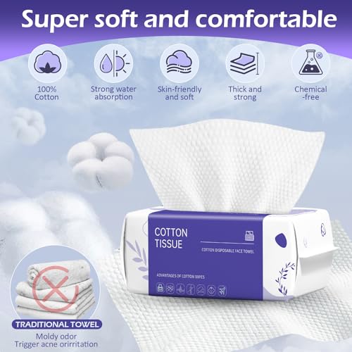 Disposable Face Towel 600 Count, Face Clean Towels, Soft Cotton Dry Wipes Facial Cloths Towelettes for Washing and Drying, Facial Tissue for Cleansing, Skincare and Makeup Remover