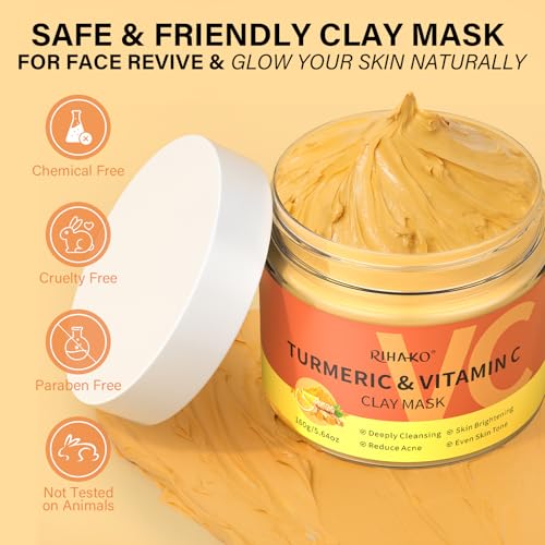 Turmeric Vitamin C Clay Mask -Turmeric Facial Mask - Brightening Clay Face Mask Skincare, Deep Cleansing Face Mask, Acne Face Mask for for Dark Spots, Dull Skin, Refining Pores and Controlling Oil