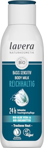 lavera basis sensitiv Body Milk Rich - natural cosmetics - vegan - organic aloe vera & organic shea butter - 24 h intensive moisturizing care - PETA certified - biodegradable - body milk - 250 ml