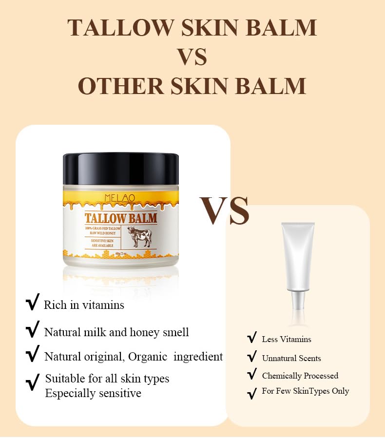2Bmagic Tallow and Honey Balm for Skin Care - Grass-Fed Beef Tallow & Raw Wild Honey Blend - All Natural Moisturizing Body Oil (2 oz)