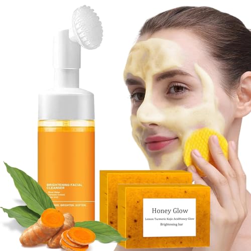 Turmeric Facial Cleanser Set, Turmeric Face Wash, Foaming Facial Cleanser and Lemon Turmeric Soap Bar, Face Skincare Deep Cleaning Moisturizing for All Skin