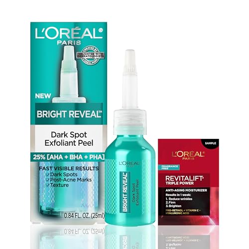 L'Oreal Paris Bright Reveal Dark Spot Exfoliant Peel, 25% AHA BHA PHA Face Exfoliator Solution, Gentle Skincare to Visibly Reduce Dark Spots and Renew Skin Texture, Includes SPF Lotion Sample