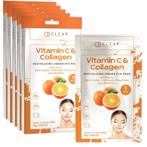 Clear Beauty Vitamin C & Collagen Under Eye Patches 5 Pack - Diminishes Dark Circles & Puffiness, Anti-aging, Cooling & Soothing Eye Pads - Cruelty Free Korean Skincare