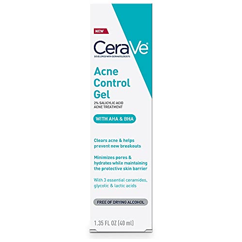 CeraVe Salicylic Acid Acne Treatment with Glycolic Acid and Lactic Acid | AHA/BHA Acne Gel for Face to Control and Clear Breakouts |1.35 Ounce