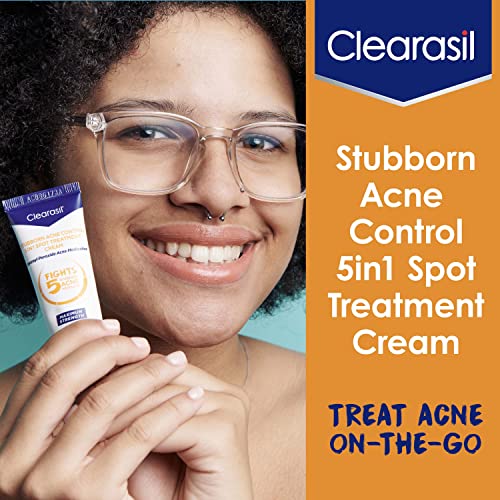 Clearasil Stubborn Acne Control 5in1 Spot Treatment Cream, Maximum Strenght with 10% Benzoyl Peroxide, Acne Medication, 1 oz