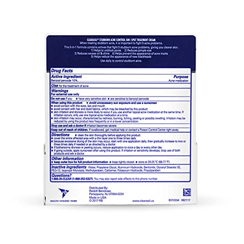 Clearasil Stubborn Acne Control 5in1 Spot Treatment Cream, Maximum Strenght with 10% Benzoyl Peroxide, Acne Medication, 1 oz