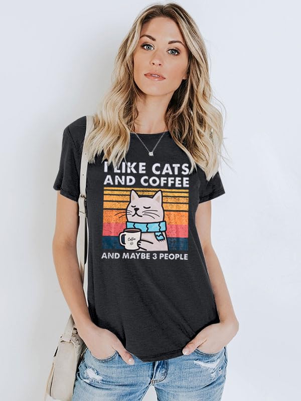Vintage Cat & Coffee Lover Graphic T-Shirt
