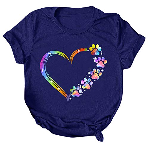 Blue Dog Paw Heart Graphic Women's Tee Funny Top