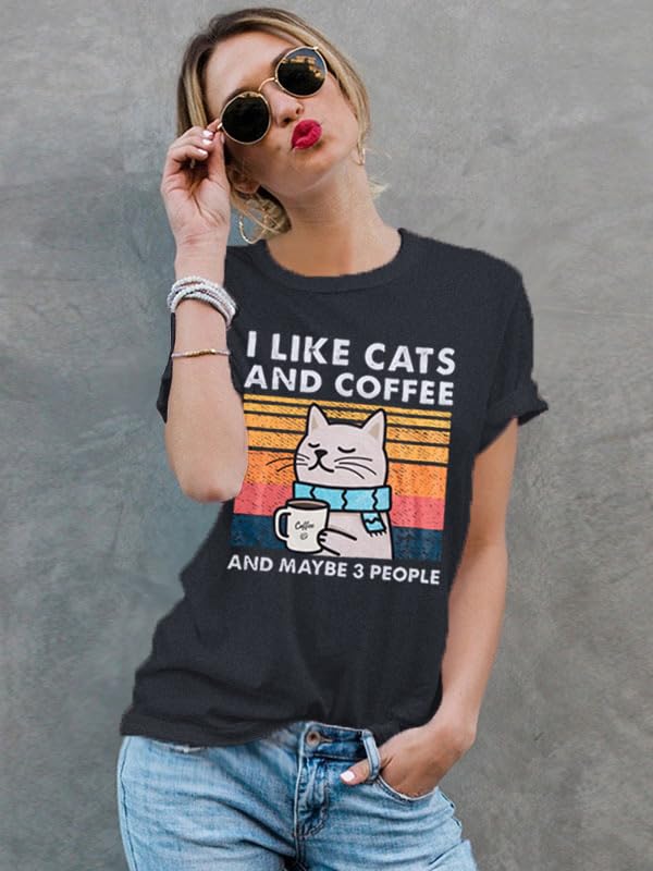 Vintage Cat & Coffee Lover Graphic T-Shirt