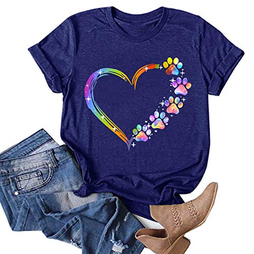 Blue Dog Paw Heart Graphic Women's Tee Funny Top