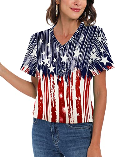 Women's Patriotic V-Neck Shirt with USA Flag