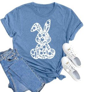 Cute Floral Bunny Easter Graphic T-Shirt for Women