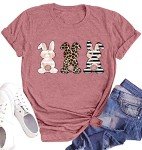 Floral Striped Leopard Easter Bunny T-Shirt for Women
