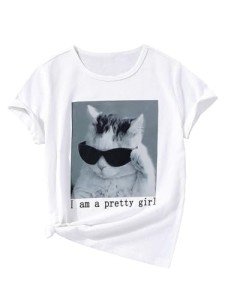 Cute Cat Graphic T-Shirt for Girls 11-12Y