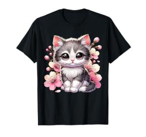 Adorable Cat and Cherry Blossoms Tee