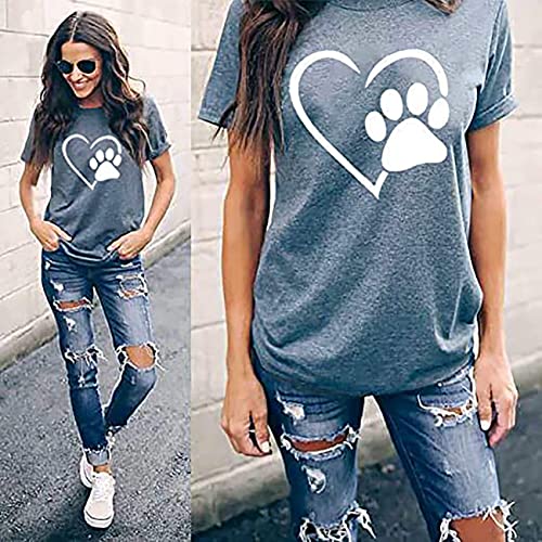 Dog Paw Heart Print Women's Funny Tee (Blue)