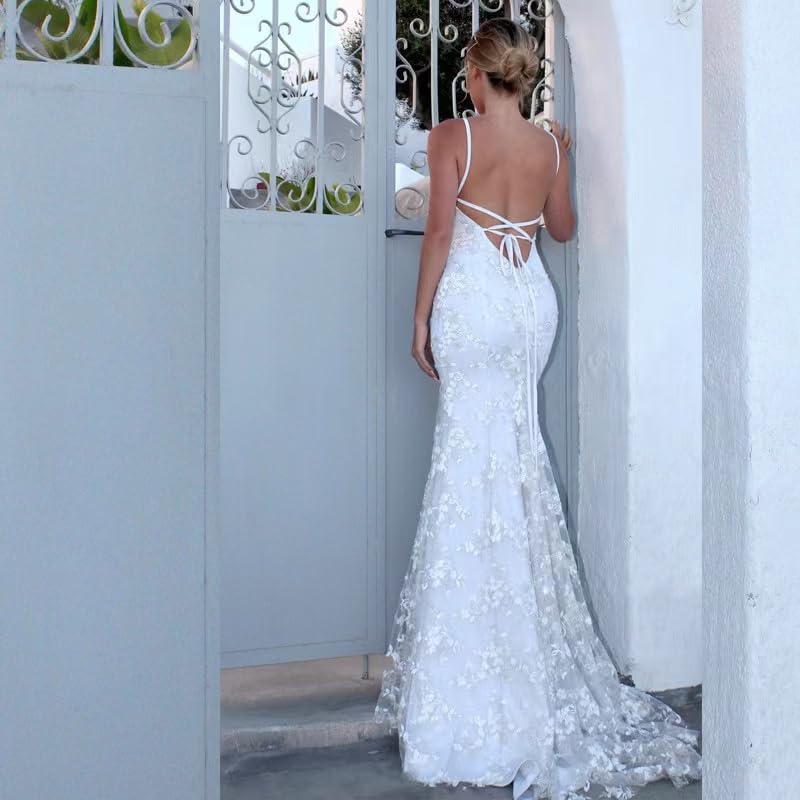 Lace Applique Mermaid Wedding Dress Spaghetti Straps V-Neck