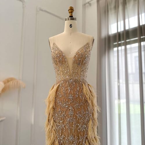 MBETA Champagne Feather Mermaid Evening Wedding Dress
