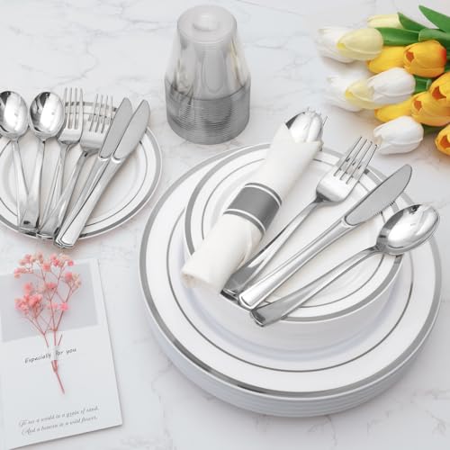 350 Piece Silver Plastic Dinnerware Set for 50