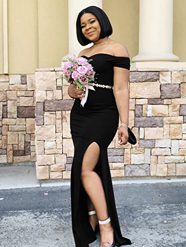 Off Shoulder High Split Long Black Evening Gown