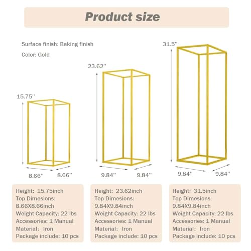 Gold Metal Column Flower Stands - Set of 10