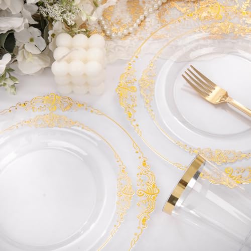 350PCS Clear Gold Plastic Dinnerware Set for 50 Wedding Guests