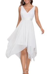 White Tea-Length V Neck Chiffon Bridal Party Dress