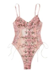 Floral Lace-Up Sheer Teddy Lingerie Bodysuit