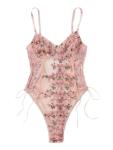 Floral Lace-Up Pink Teddy Lingerie Bodysuit