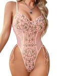 Floral Lace-Up Pink Teddy Lingerie Bodysuit