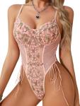 Floral Lace-Up Pink Teddy Lingerie Bodysuit