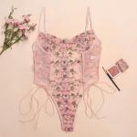 Floral Lace-Up Pink Teddy Lingerie Bodysuit