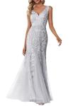Silver Lace Embroidered Wedding Party Maxi Dress - Size US12