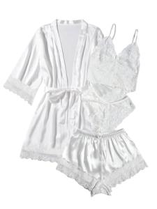 Elegant Floral Lace Silk Satin Pajama Set