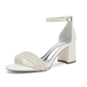 Pearl Block Heel Wedding Sandal with Ankle Strap