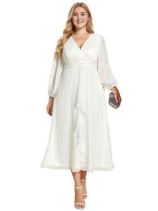 Ever-Pretty V Neck Tea Length Plus Size Wedding Dress