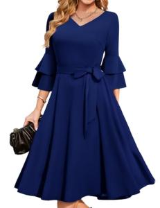 Tea Length Wedding Guest Dress, Long Sleeve Navy