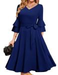 Tea Length Wedding Guest Dress, Long Sleeve Navy
