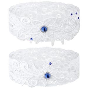 Bride Lace Wedding Garters Set with Blue Rhinestone