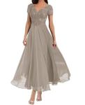 Taupe Chiffon Lace Applique Tea Length Dress, Size 16