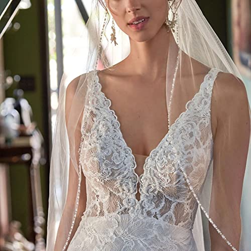 GAODESI Pearl and Crystal Beaded Wedding Fingertip Veil