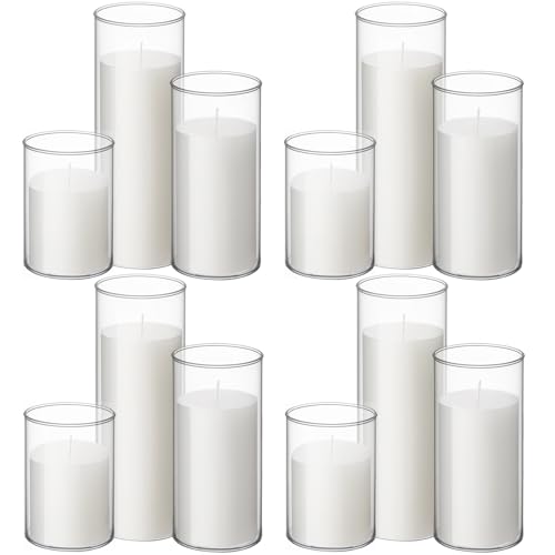 12 White Pillar Candles with Cylinder Holders