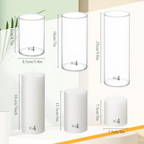 12 White Pillar Candles with Cylinder Holders
