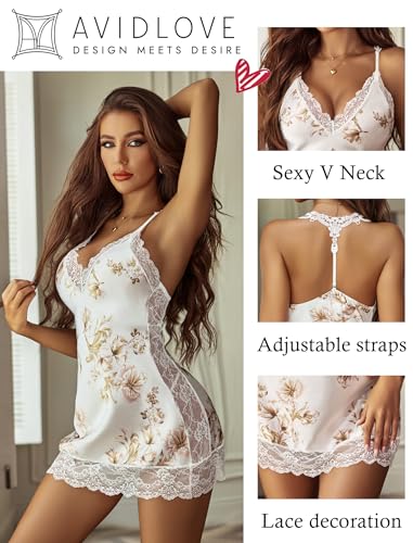 Avidlove Lace Bridal Satin Sleepwear - White Floral
